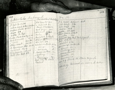 photo of an old handwritten recipe, (purportedly the original Coca Cola recipe)