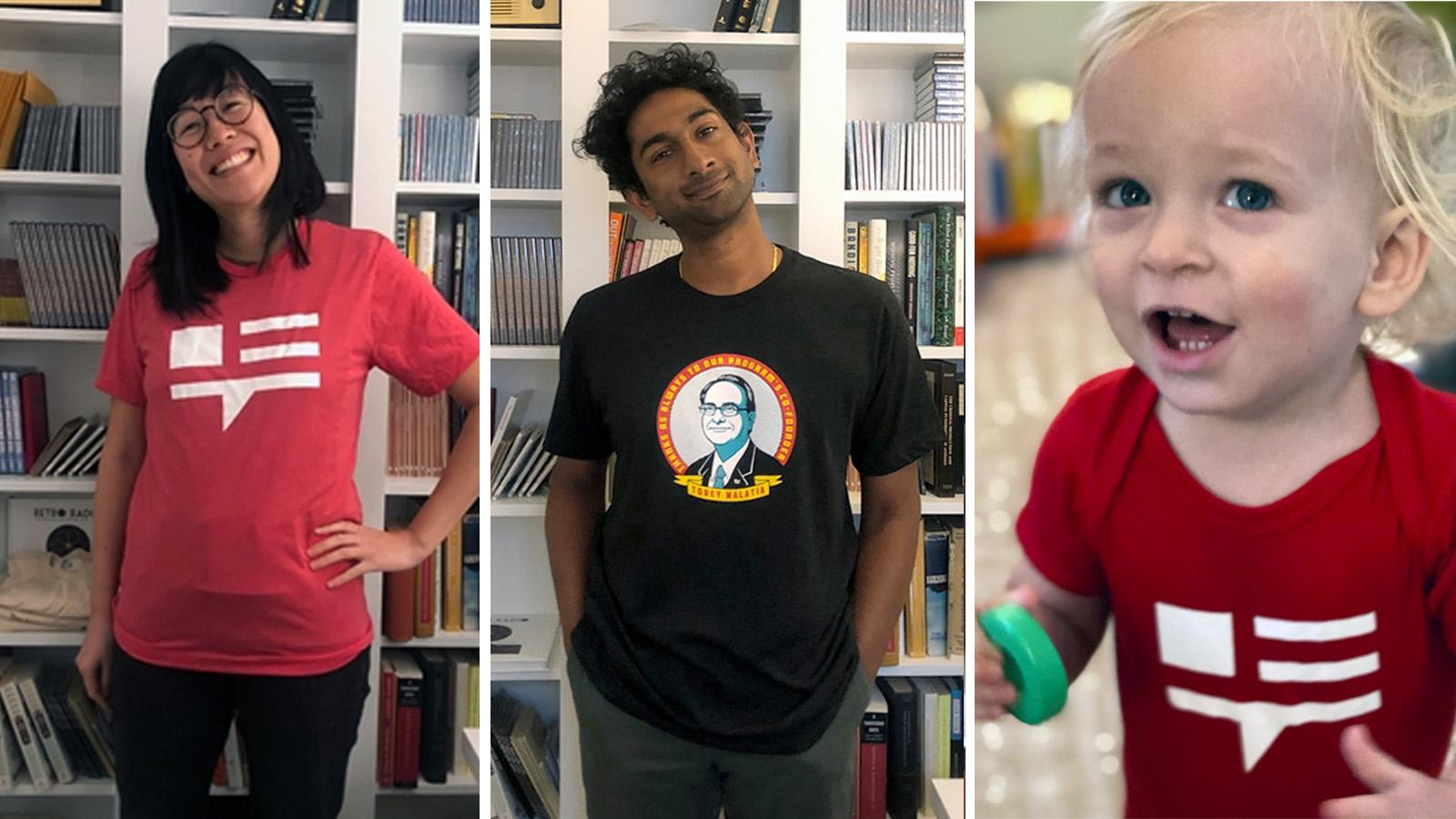 Three people modeling This American Life clothing: red t-shirt, Torey t-shirt, and a baby onesie.