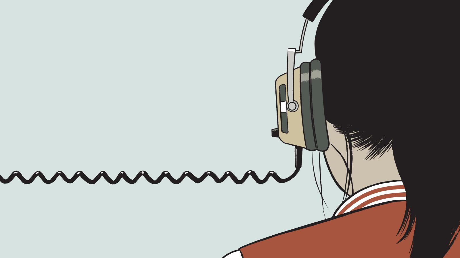 An illustration of the back of a person's head, seen from the shoulders up. They are wearing headphones.