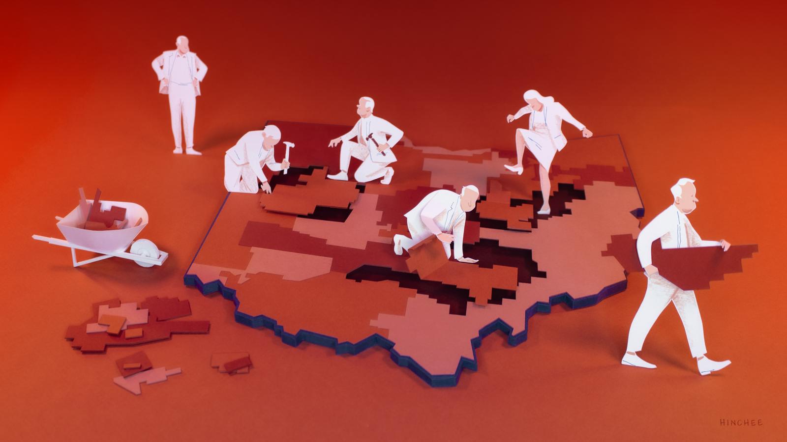 Illustration of figures moving around pieces of a puzzle in the shape of the state of Ohio.