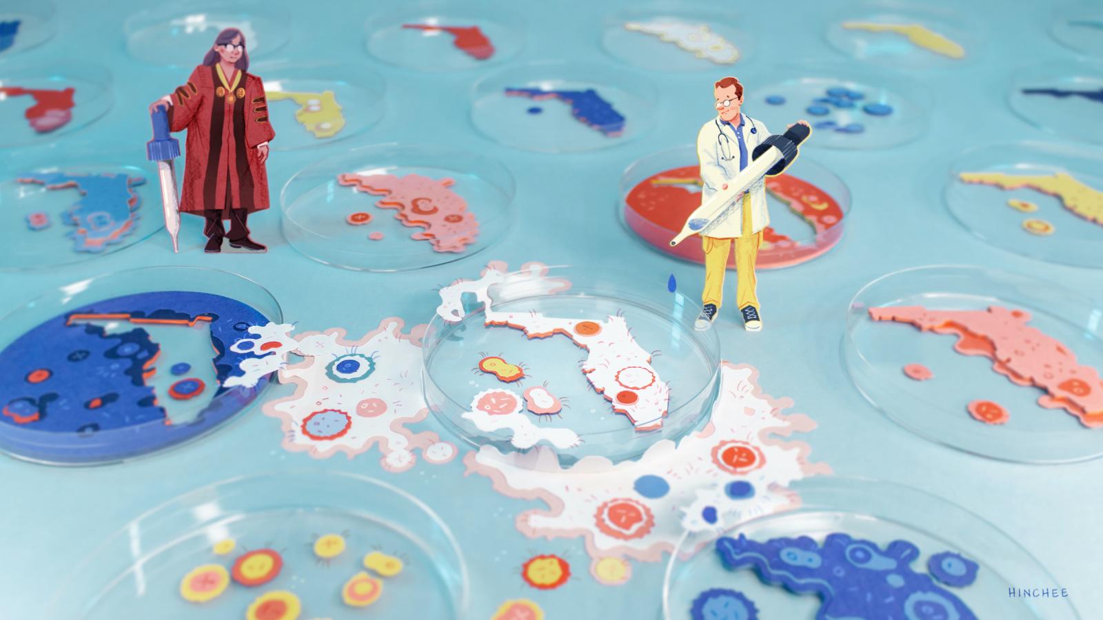 A tiny scientist and professor overlook a field of petri dishes with Florida-shaped matter in each dish