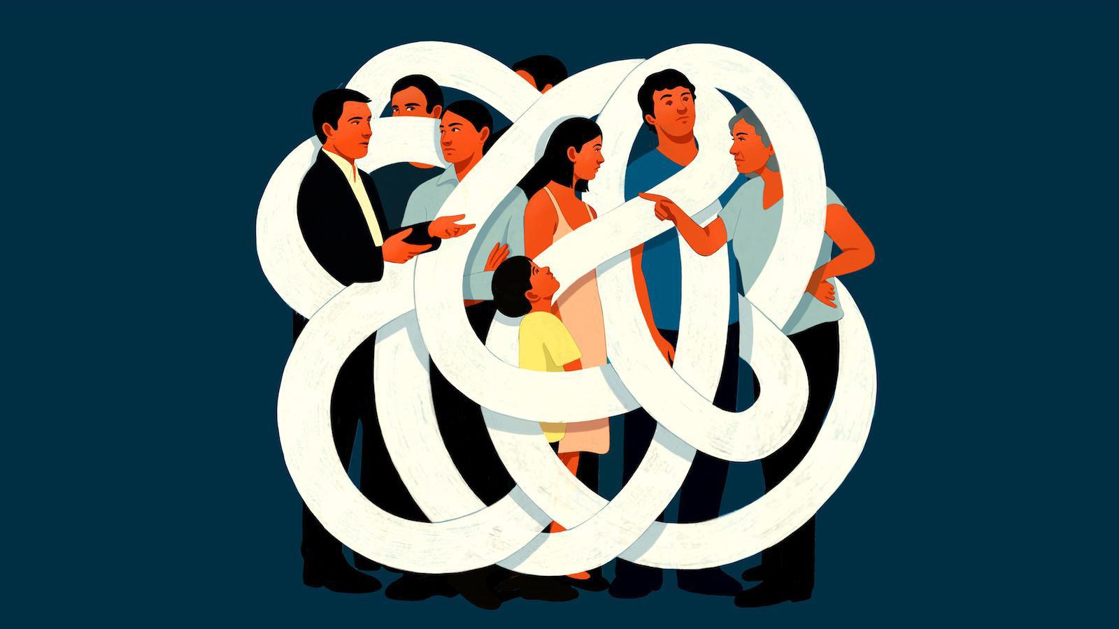 Illustration of a family in conversation, intertwined with a maze-like white rope. By Anna Parini.