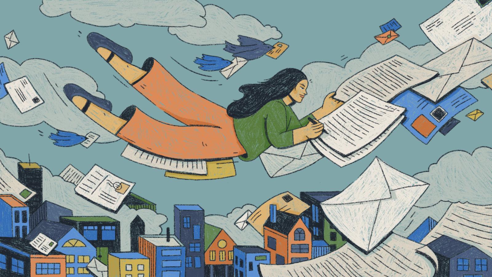 An illustration of a woman flying on a gust of papers while writing a letter