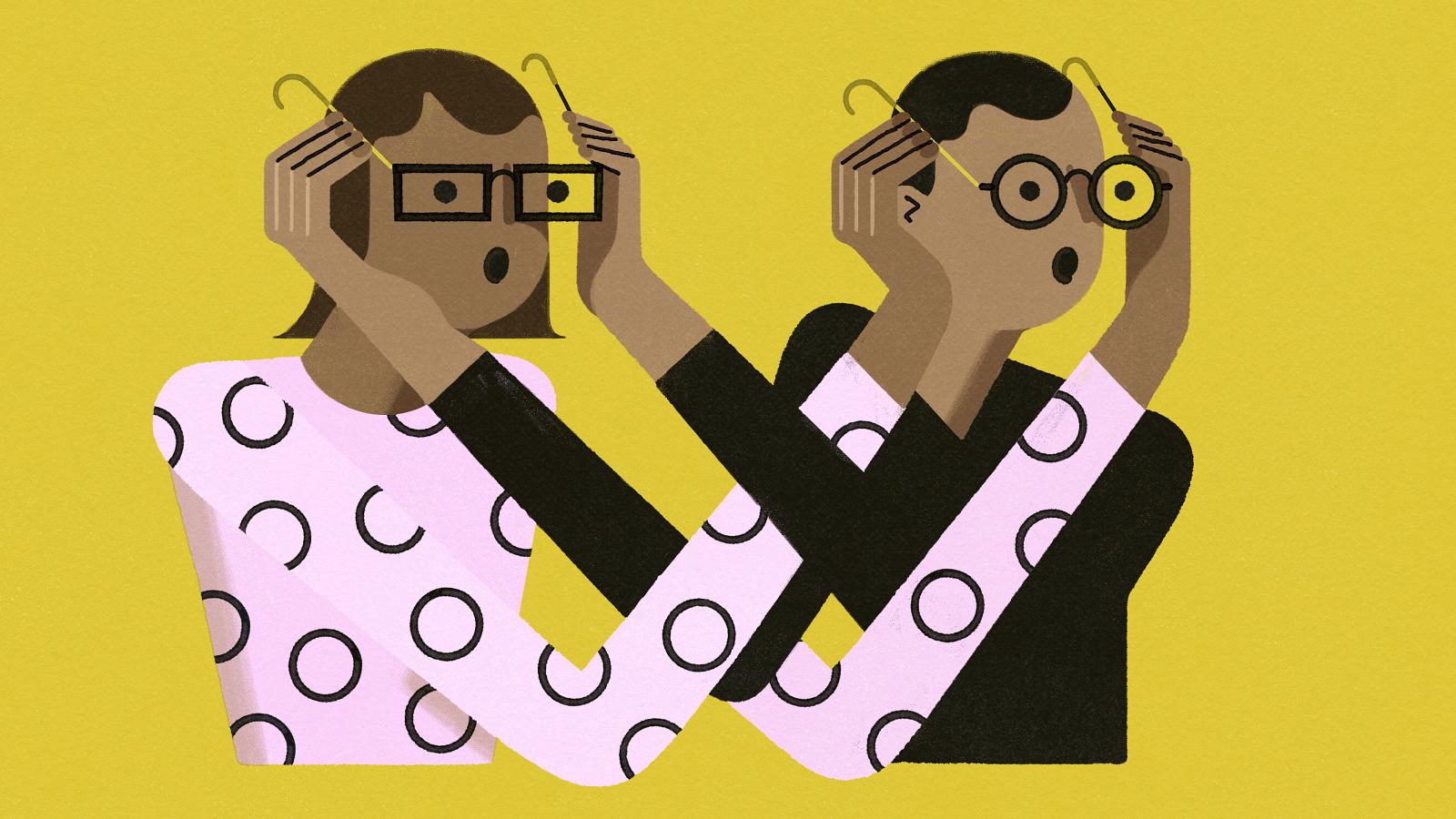 An illustration of two people holding up eyeglasses to each others faces