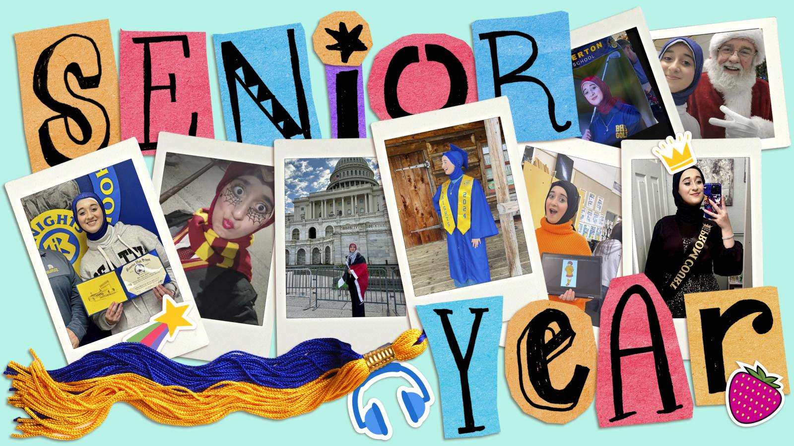A scrapbook of photos of a young girl doing fun things during her senior year