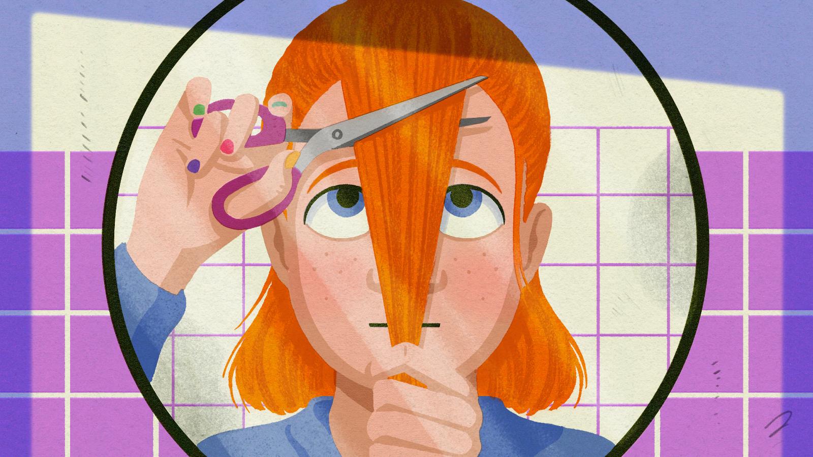 An illustration of a kid holding a pair of scissors and thinking about cutting her hair into bangs
