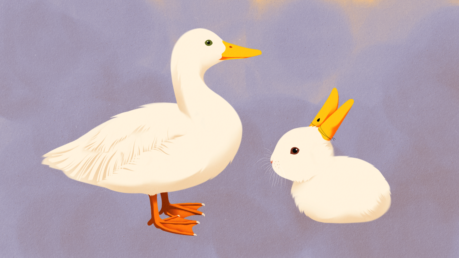 An illustration of a duck looking at a rabbit wearing a duck costume