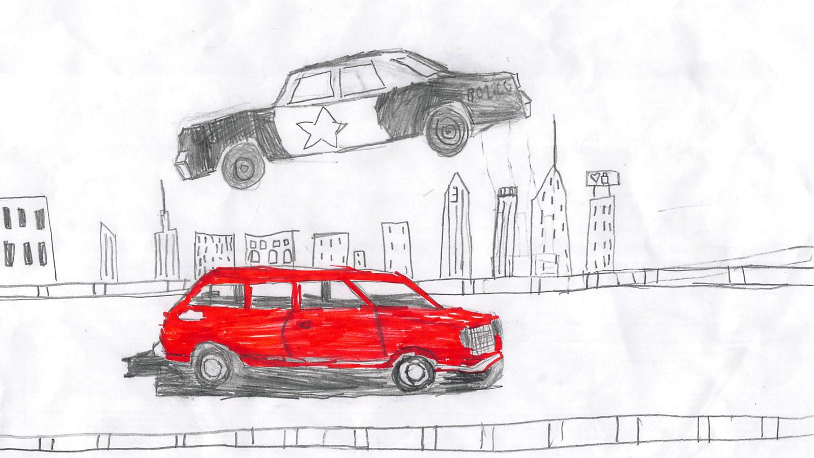 A childs drawing of a car crash scene from the Blues Brothers movie