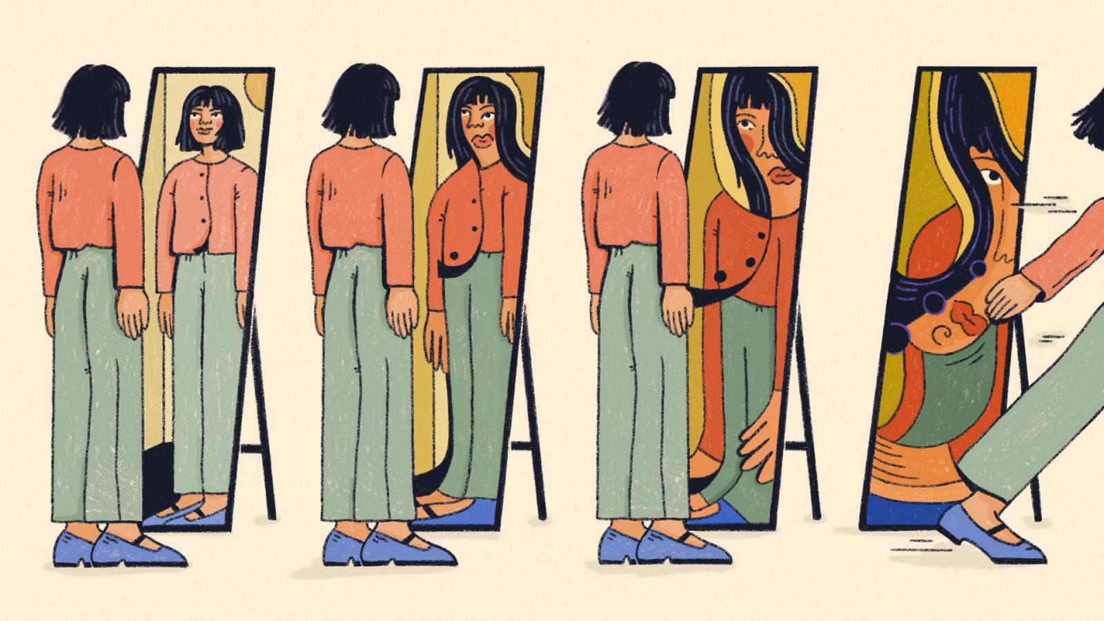 Illustration of a woman looking into a series of mirrors that get more distorted