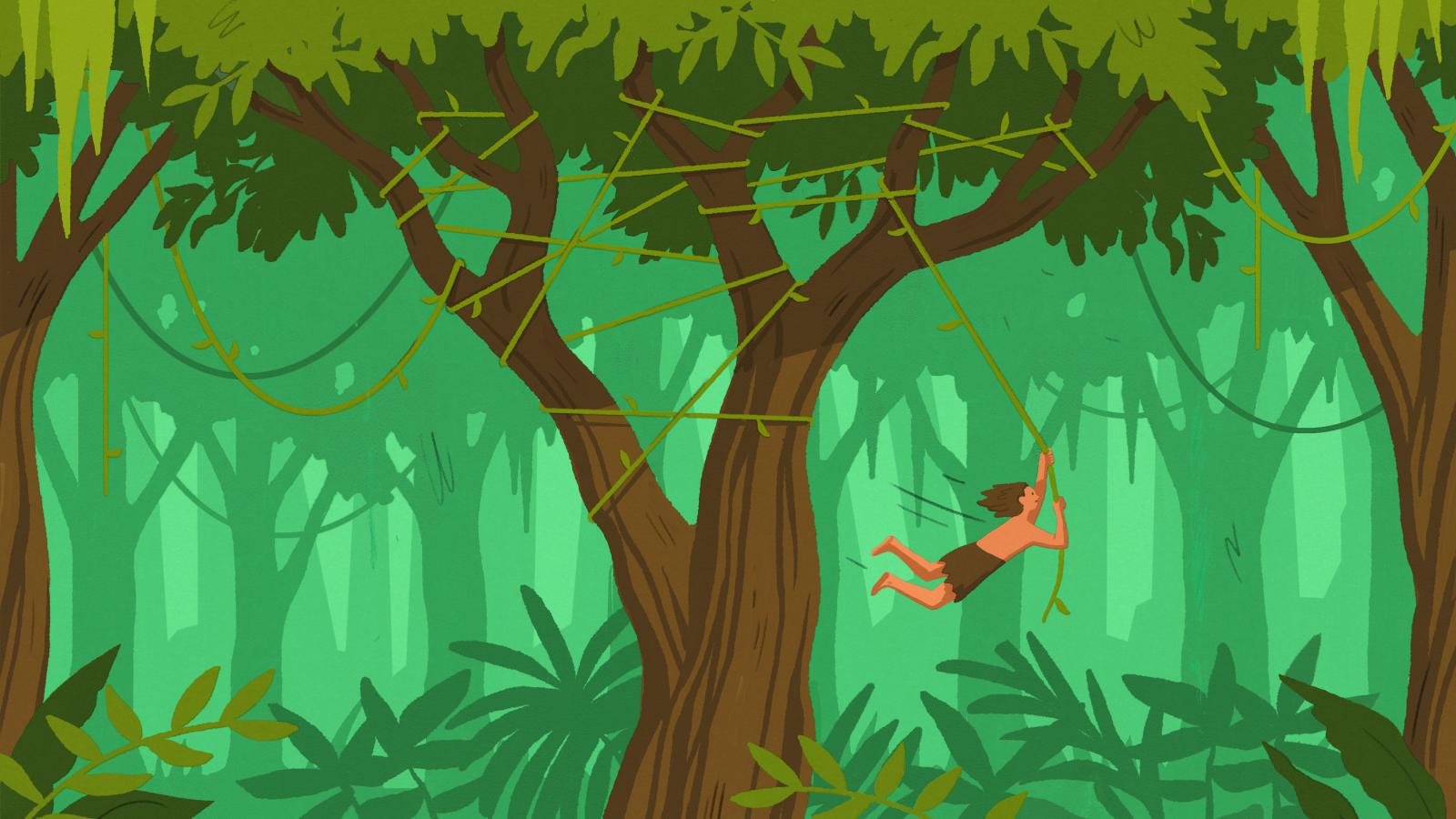 An illustration of someone swinging from a tree by a vine that&#039;s all wrapped up in the branches