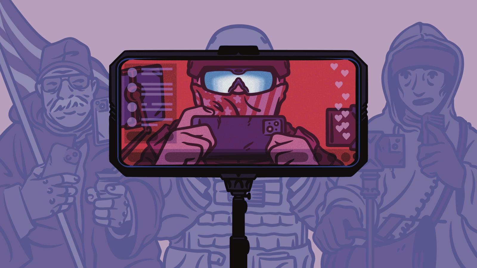 An illustration of three protestors streaming their protest