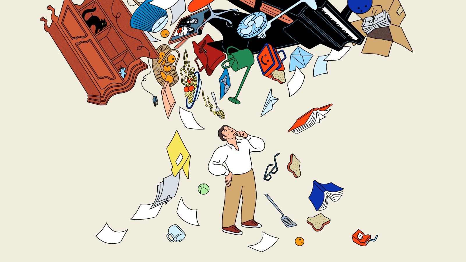 Illustration of common items and papers falling down from above on a person