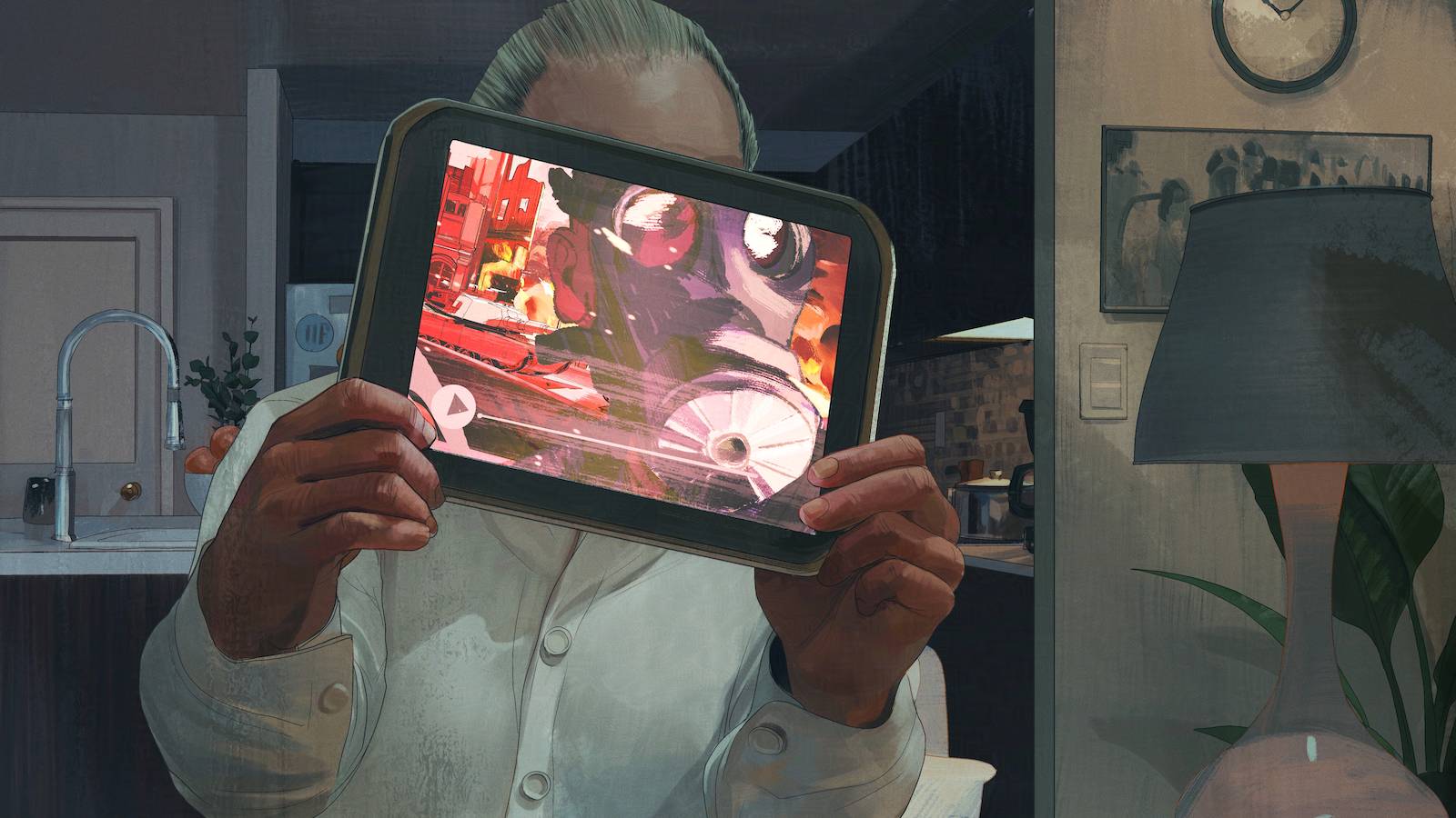 Illustration of a man whose face is obscured behind an iPad displaying an image of someone wearing a gas mask