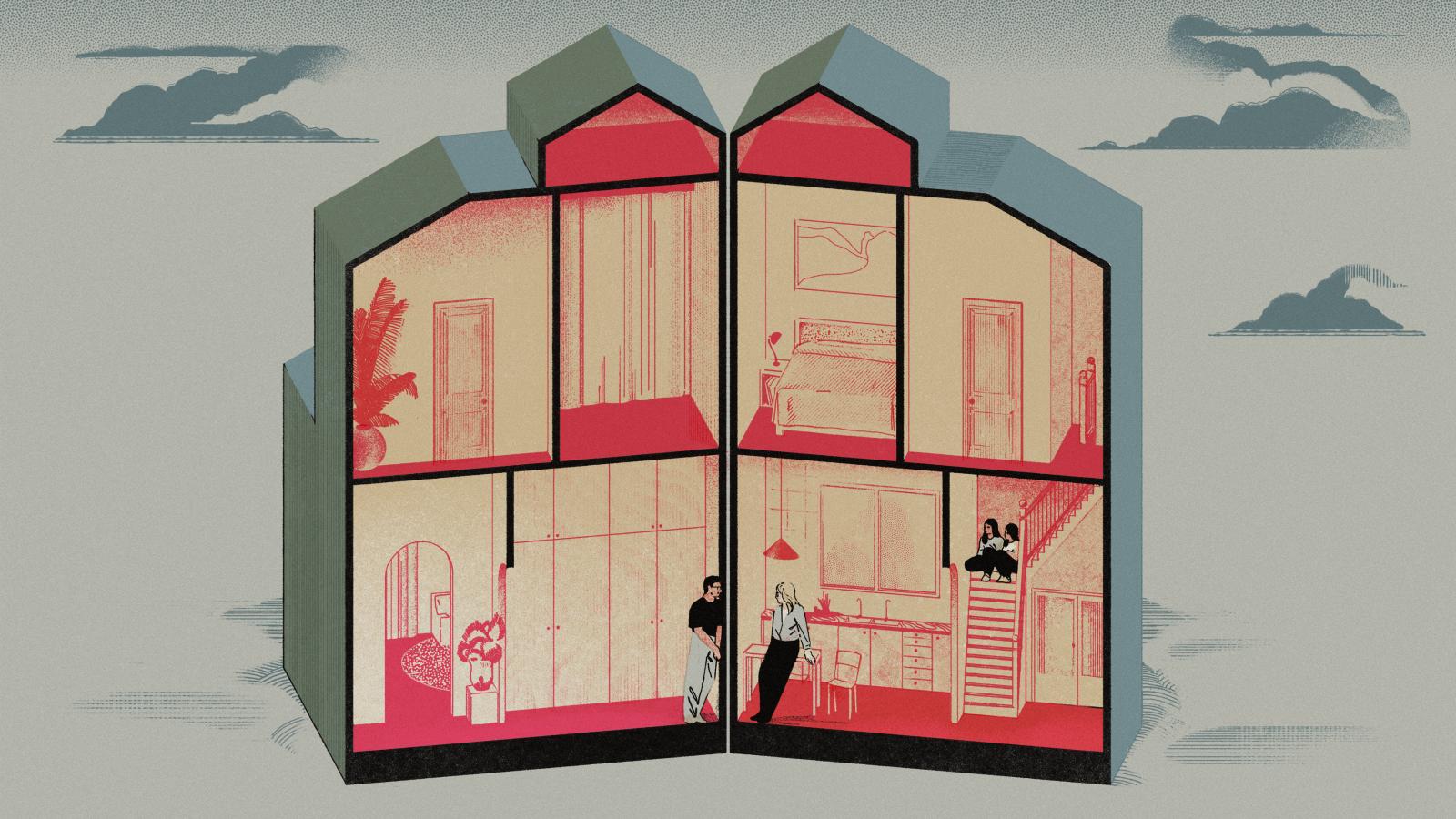 A illustration of two girls listening to their parents talked from the top of the stairs