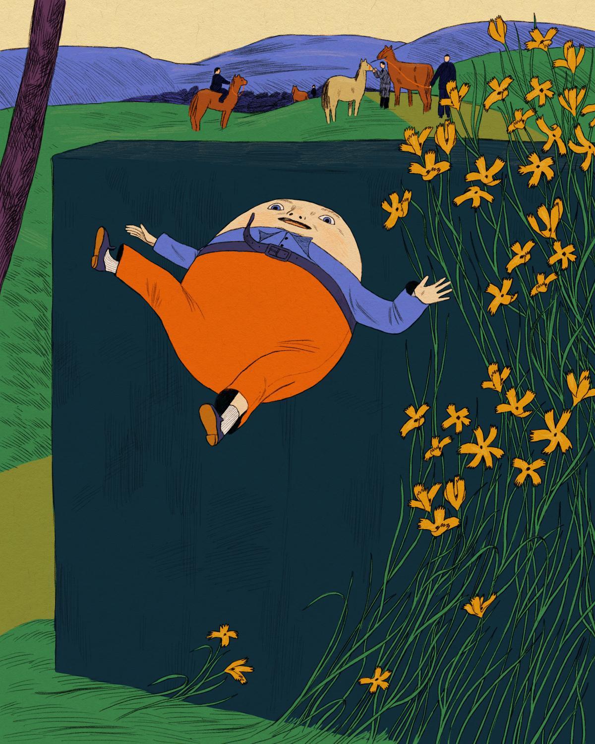 Humpty Dumpty is falling off a wall with men and horses in the background.