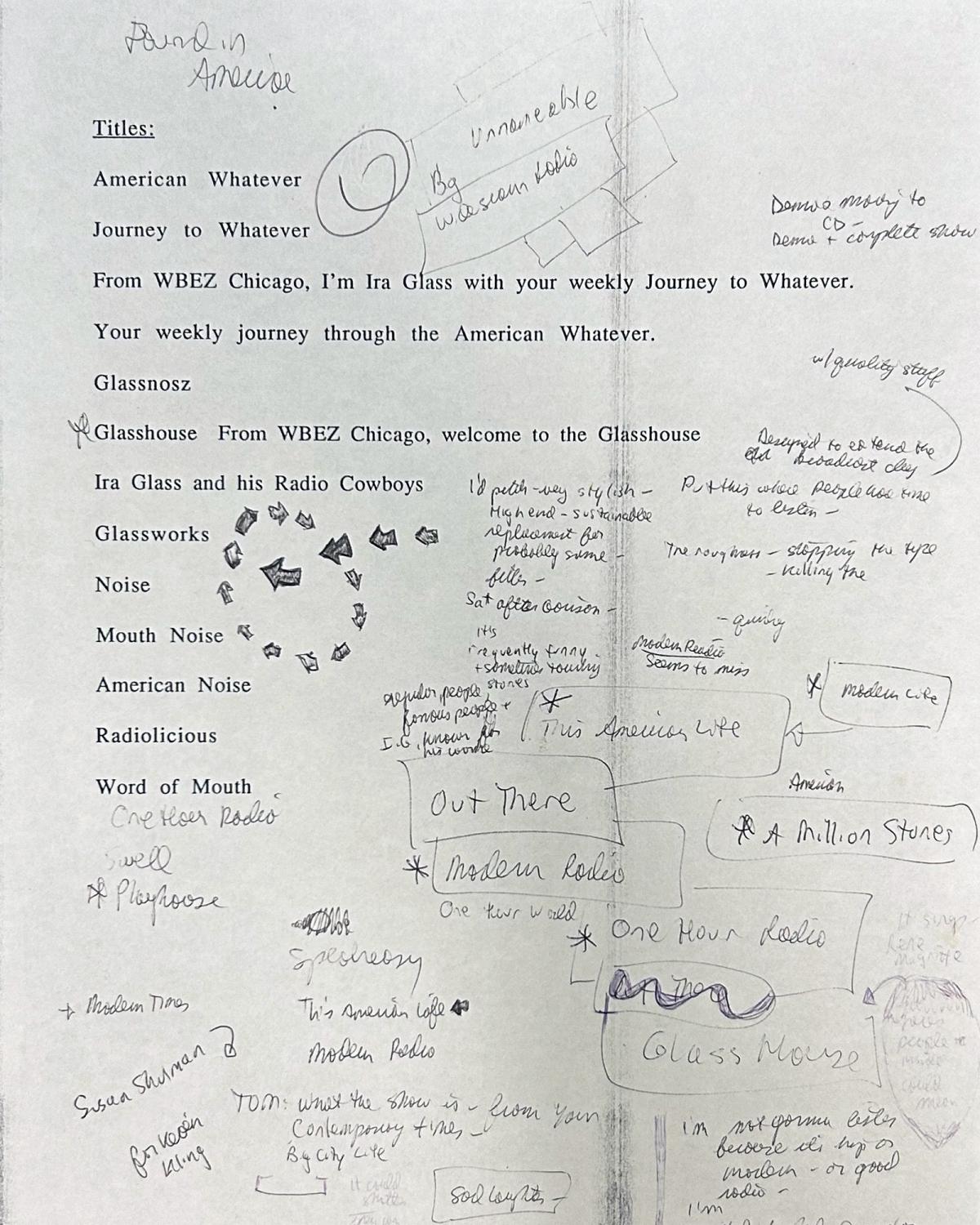 A photo of a list of possible show names, including American Whatever, Journey to Whatever, Glasshouse, Radio Cowboys, and more