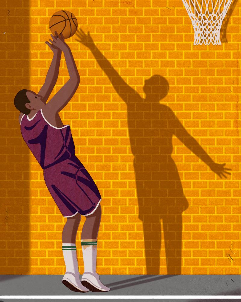 Illustration of a person playing basketball against a shadow