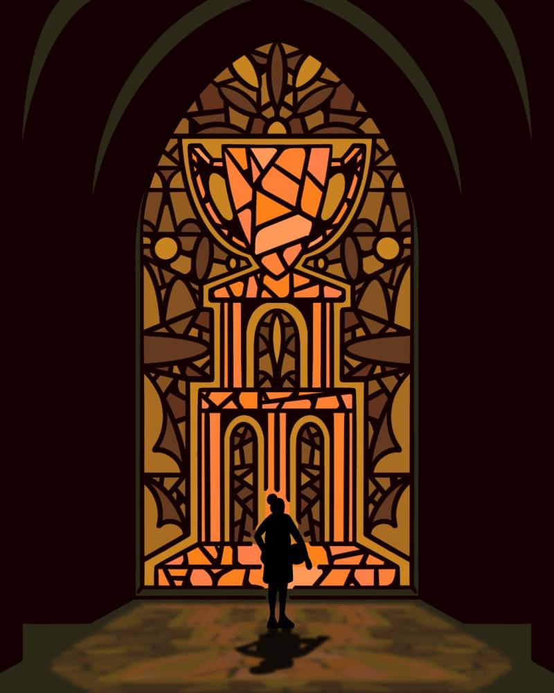 An illustration of a basketball player standing in front of a stained glass window