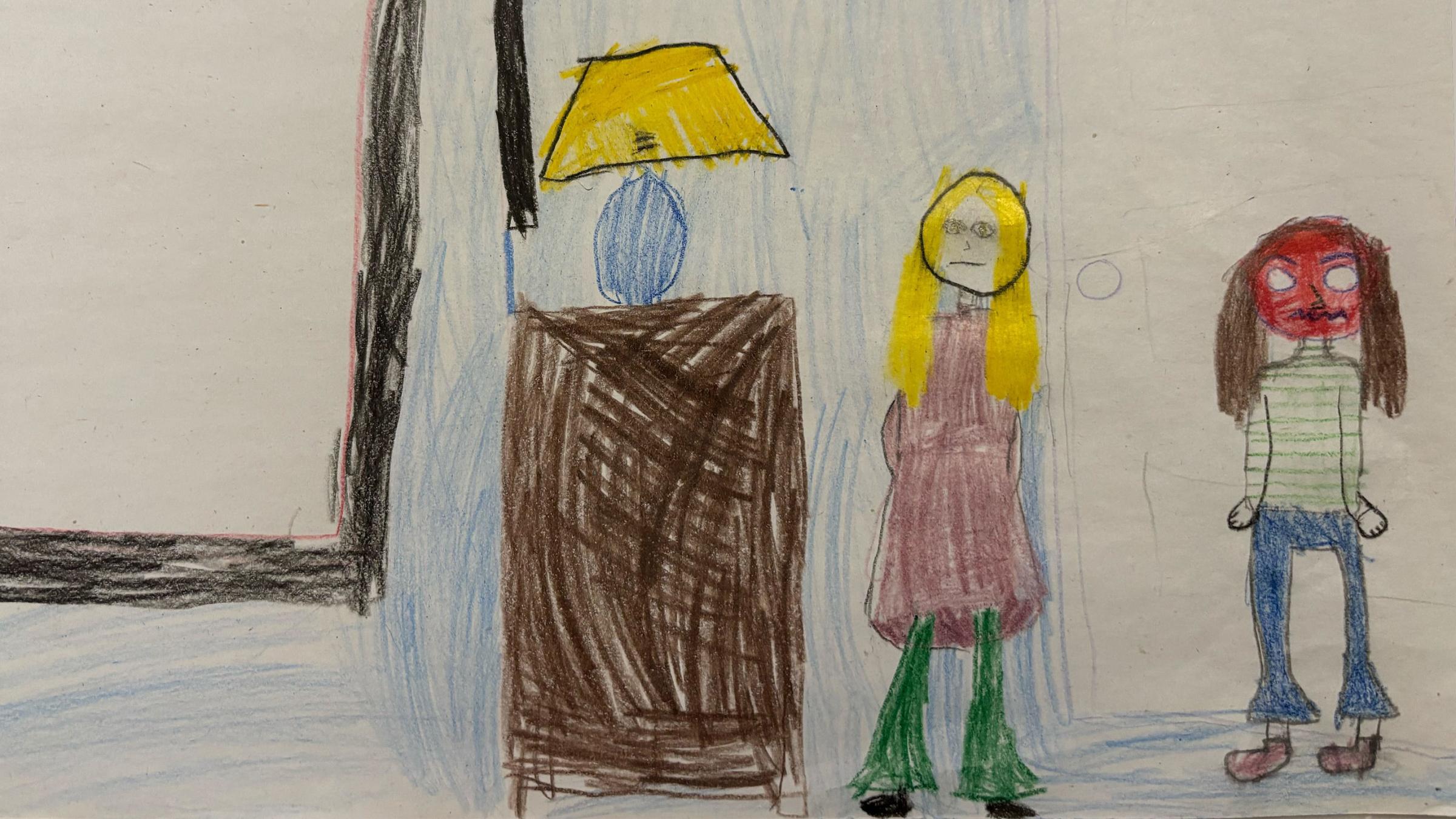 A kids drawing of two girls, one with a red face who seems angry
