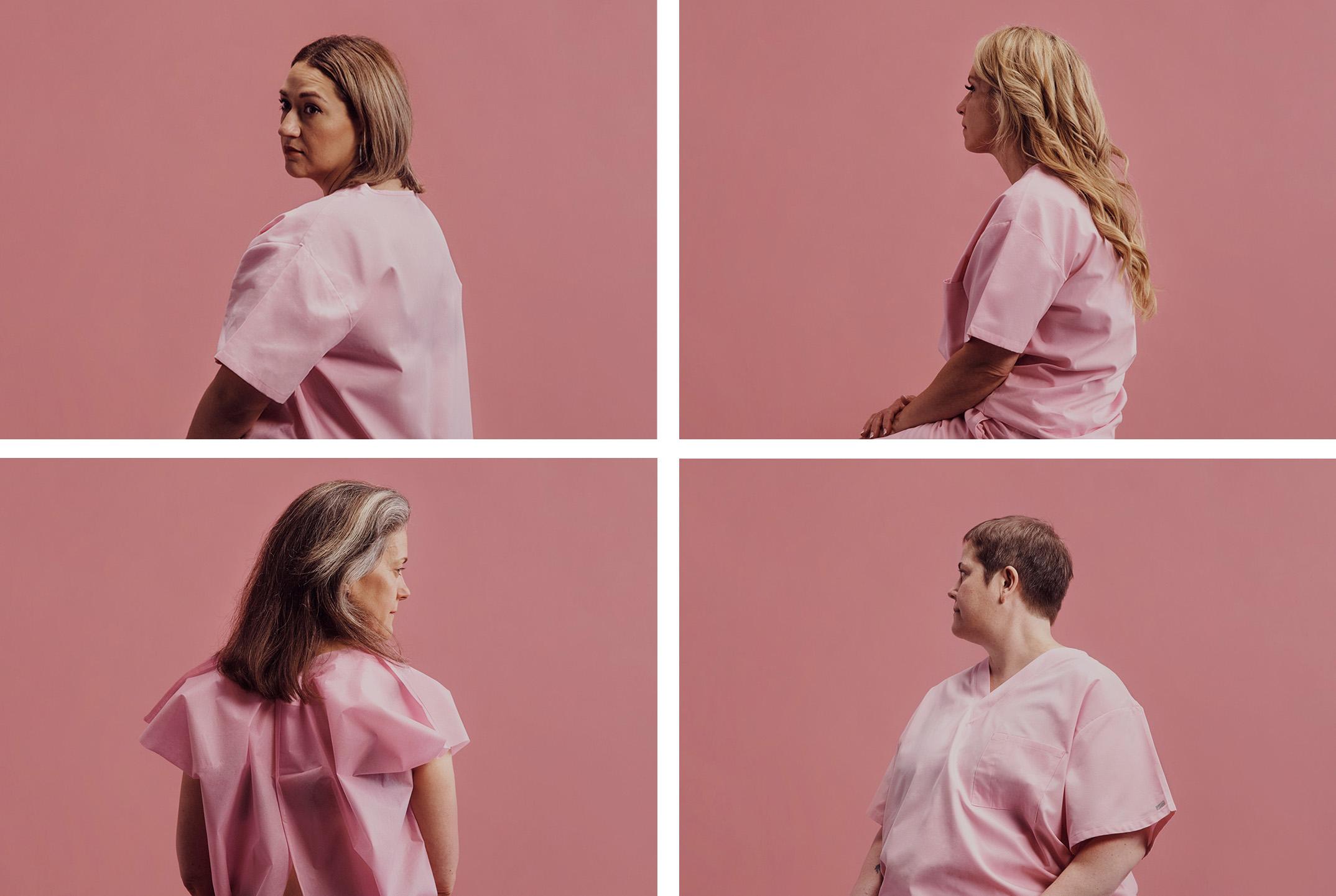 Four photographs each of a woman wearing a hospital gown