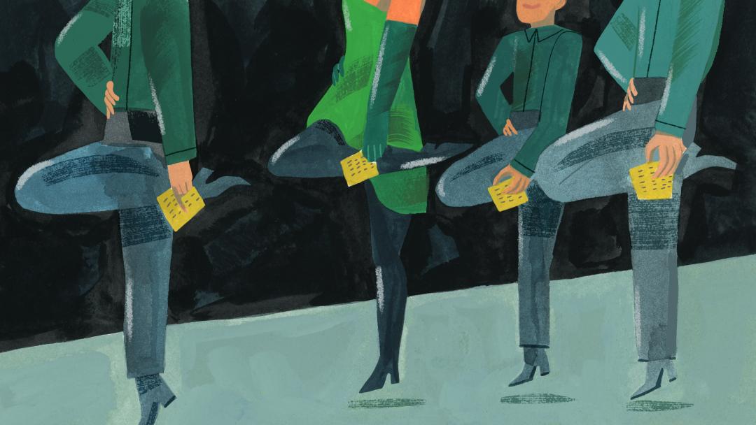 An illustration of four dancers holding lottery tickets.