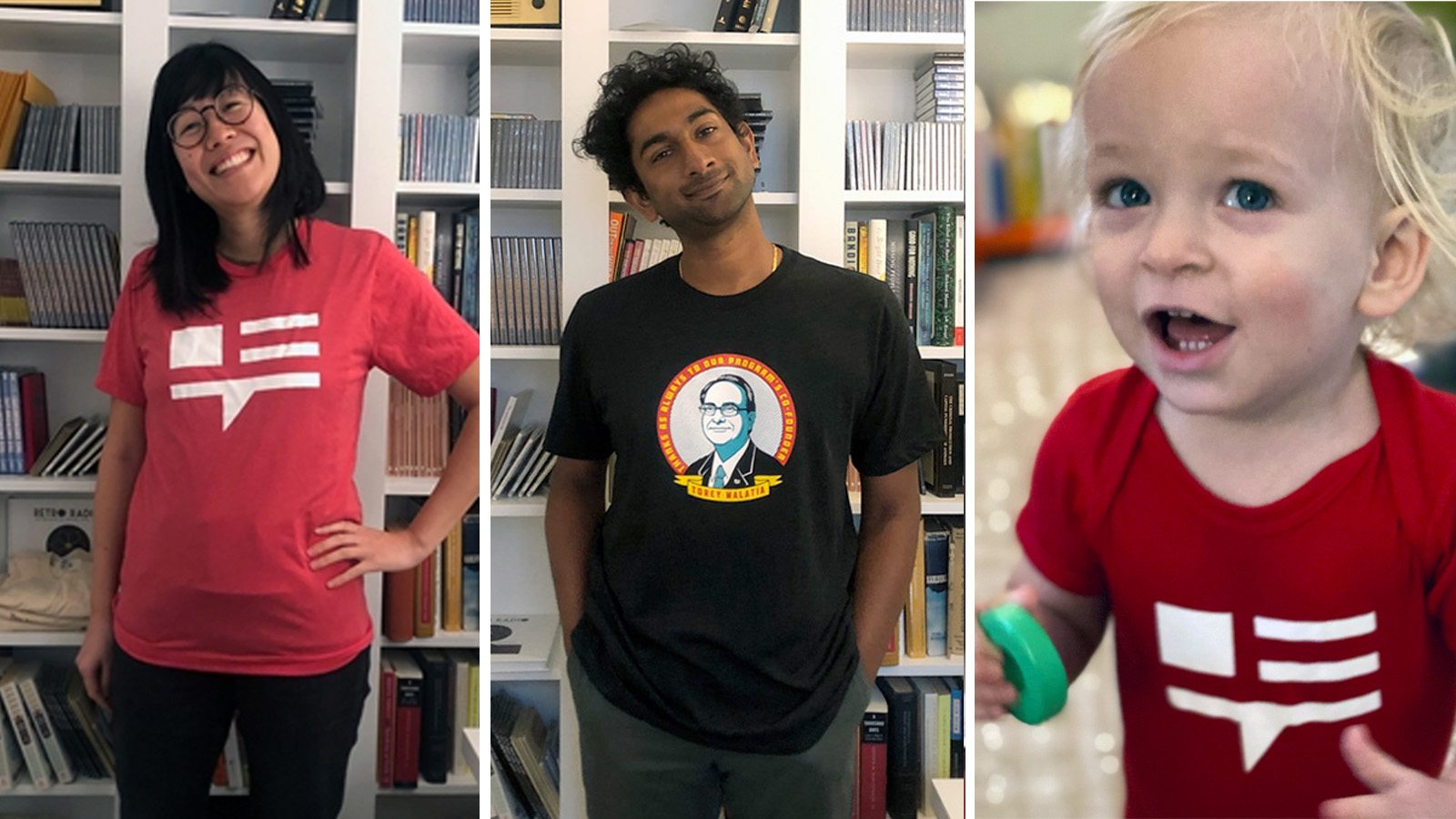 Three people modeling This American life clothing - a red logo t-shirt, the Torey t-shit, and a baby onesie.